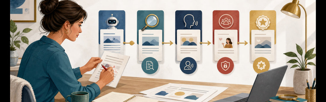 Small-business owner checking facts, clarity, privacy, and brand voice in an AI-assisted marketing draft