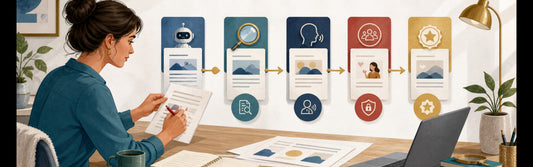 Small-business owner checking facts, clarity, privacy, and brand voice in an AI-assisted marketing draft