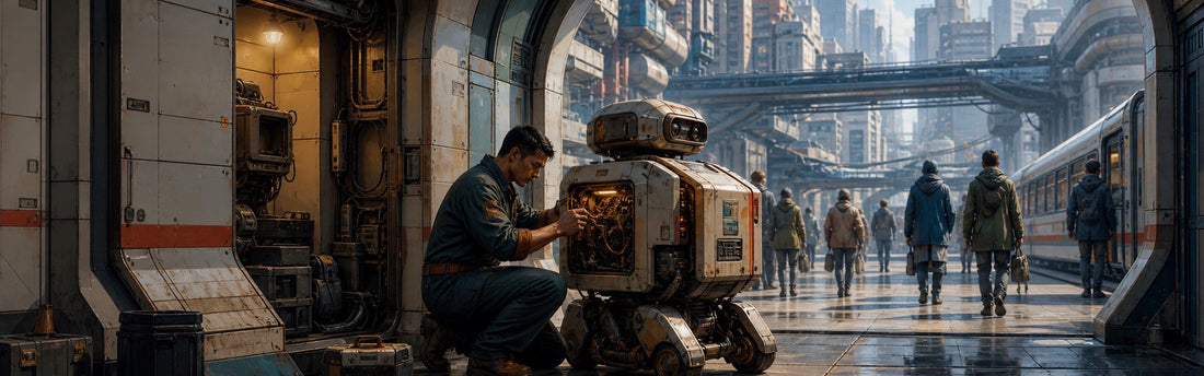 A mechanic inspecting a practical service robot inside a lived-in futuristic city transit station