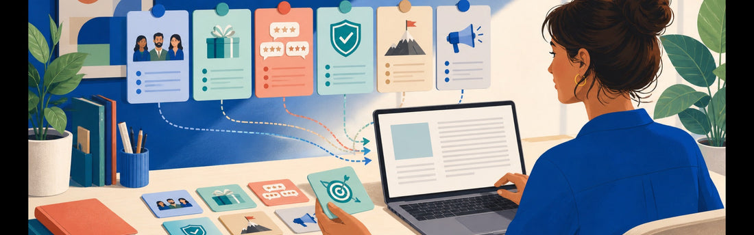 Small-business owner organizing audience, offer, proof, and channel details into an AI writing brief