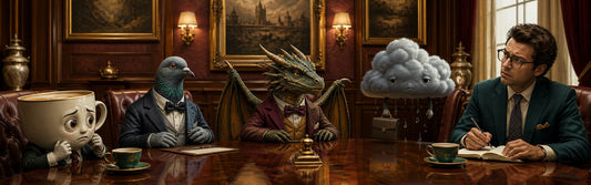 A formal office meeting attended by a tiny dragon, a serious pigeon, a worried coffee cup, and a cloud in a briefcase