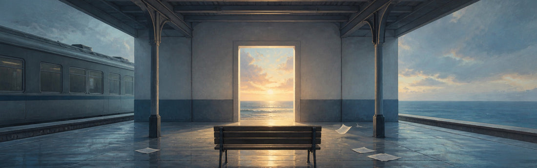 A quiet train platform where one doorway opens into an ocean sky while the rest of the scene remains ordinary