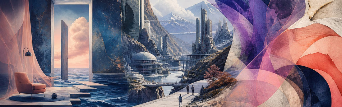 A wide triptych blending a dreamlike floating room, a distant science-fiction city, and flowing abstract shapes