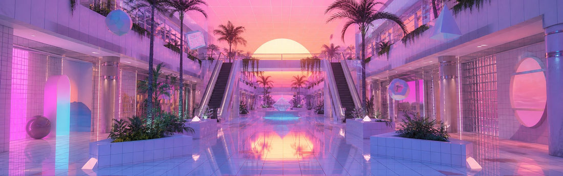 A deserted pastel shopping arcade combining early computer graphics, reflective tiles, plants, and a hazy artificial sunset