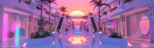 A deserted pastel shopping arcade combining early computer graphics, reflective tiles, plants, and a hazy artificial sunset