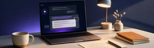 Laptop displaying an abstract AI conversation and edited content at a small-business desk