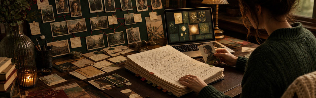 A writer arranging character notes and scene cards beside a manuscript filled with personal handwritten revisions