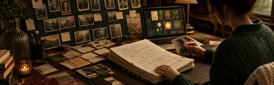 A writer arranging character notes and scene cards beside a manuscript filled with personal handwritten revisions