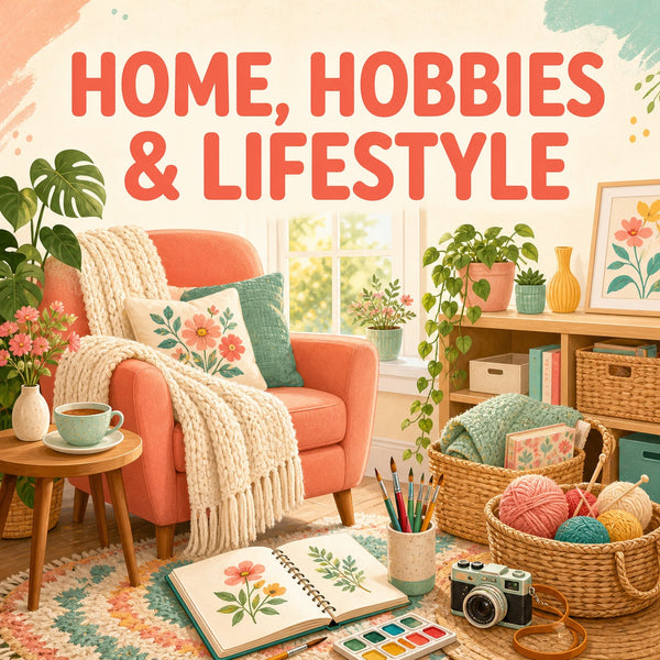 Home, Hobbies & Lifestyle collection with a cozy creative room, art supplies, knitting, plants, and a camera