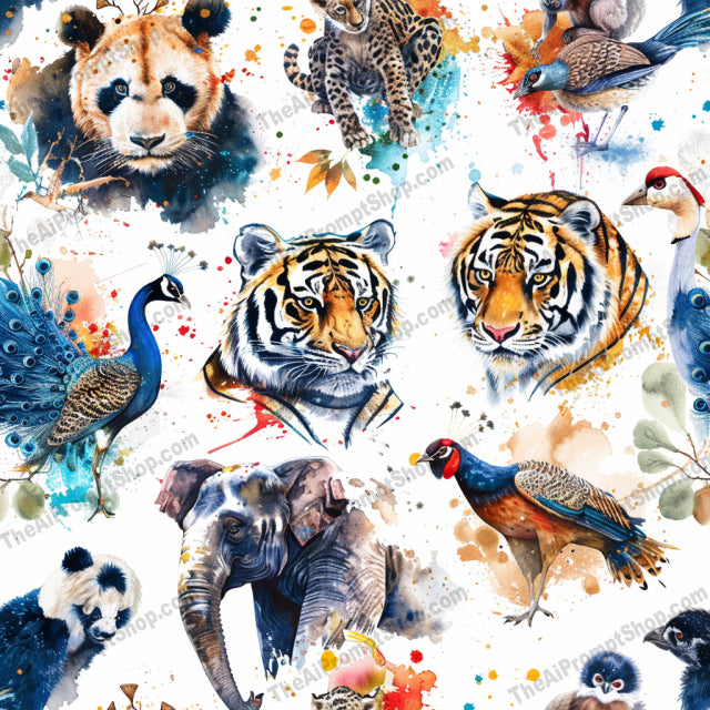 Watercolor Wildlife Art AI MidJourney Image Prompt, 8801 Animals, midjourney, watercolor, wildlife, animals, tigers, lions, bears, tropical birds, vibrant colors, art, nature, painting, majestic animals, dynamic, artistic, details, lifelike, colorful, splashes of paint, white background, vivid, realistic, Midjourney, Ai, Ai Image Prompt, Image Prompt, Prompt