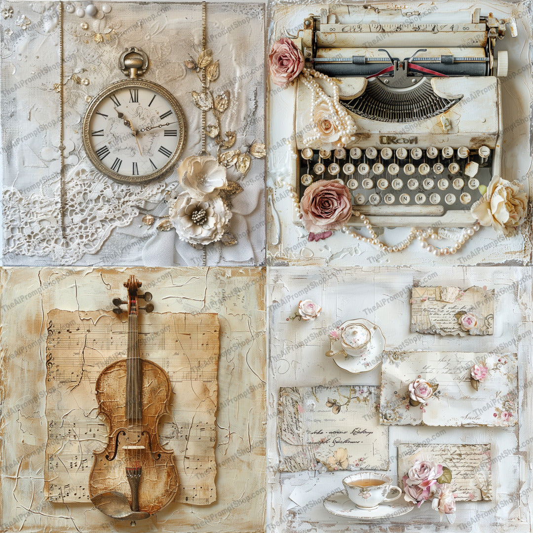 Vintage Collage Style AI MidJourney Image Prompt, 9059 Patterns & Wallpapers, midjourney, vintage, antique, nostalgia, pocket watch, typewriter, violin, sheet music, tea cups, roses, elegant, charming, delicate, soft colors, intricate details, bygone era, romantic, shabby chic, timeless, classic, retro, Midjourney, Ai, Ai Image Prompt, Image Prompt, Prompt