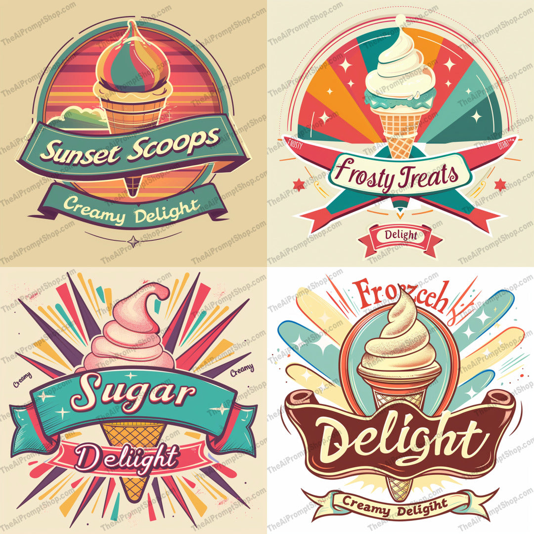 Vintage Ice Cream Labels AI MidJourney Image Prompt, 9095 Food, midjourney, vintage, ice cream, label, retro, nostalgic, sweet treats, dessert, creamy delight, food illustration, branding, logo, badge, emblem, cream cone, colorful, classic design, confectionery, food art, product packaging, ice cream cone, Midjourney, Ai, Ai Image Prompt, Image Prompt, Prompt