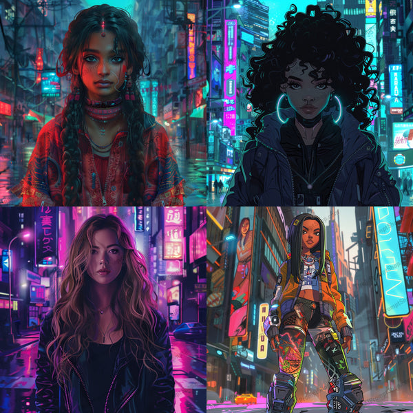 Futuristic urban fashion illustration in a colorful style created from an AI image prompt.