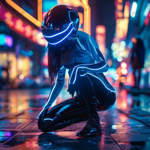 Futuristic Cyberpunk Warriors AI MidJourney Image Prompt, 9255 Futuristic, midjourney, cyberpunk, futuristic, warrior, neon, urban, technology, LED lights, armor, mystery, hooded figure, sci-fi, night scene, dystopian, robotic, street, glow, advanced, techwear, cybernetic, helmet, Midjourney, Ai, Ai Image Prompt, Image Prompt, Prompt