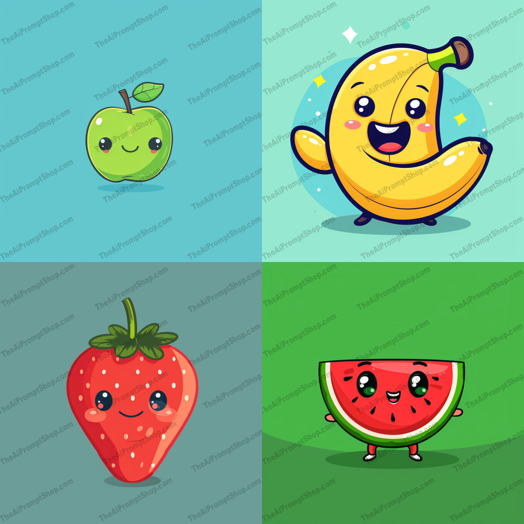 Cute Kawaii Fruit Characters AI MidJourney Image Prompt, 8952 Character Art, midjourney, kawaii, cute, fruit, apple, banana, strawberry, watermelon, illustration, cartoon, adorable, happy, friendly, whimsical, fun, character, art, playful, vibrant, colorful, cheerful, Midjourney, Ai, Ai Image Prompt, Image Prompt, Prompt