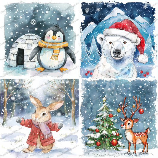 Winter Wonderland Animals AI MidJourney Image Prompt, 8666Ai, Ai Image Prompt, Animals, art, Christmas, cozy, cute, festive, forest, holiday, igloo, illustration, Image Prompt, magic, midjourney, penguin, polar bear, Prompt, rabbit, reindeer, Santa hat, snow, snowflakes, snowy scene, watercolor, winter