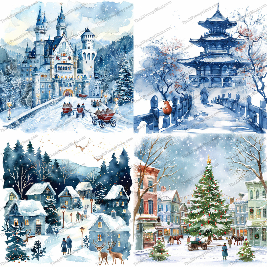 Winter Wonderland Illustrations AI MidJourney Image Prompt, 9053 Holidays, midjourney, winter, wonderland, illustration, snowy, landscape, holiday, festive, cottage, castle, scenery, magic, charm, cheer, serene, cozy, grand, whimsical, seasonal, Christmas, art, Midjourney, Ai, Ai Image Prompt, Image Prompt, Prompt