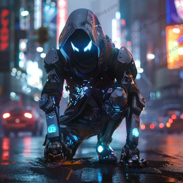 Futuristic Cyberpunk Warriors AI MidJourney Image Prompt, 9255 Futuristic, midjourney, cyberpunk, futuristic, warrior, neon, urban, technology, LED lights, armor, mystery, hooded figure, sci-fi, night scene, dystopian, robotic, street, glow, advanced, techwear, cybernetic, helmet, Midjourney, Ai, Ai Image Prompt, Image Prompt, Prompt