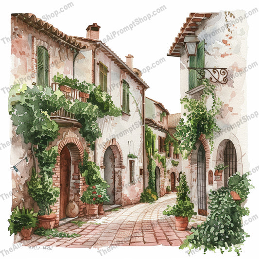 Charming Mediterranean Streetscape AI MidJourney Image Prompt, 8667Ai, Ai Image Prompt, architecture, art, charming, cobblestone, Europe, greenery, heritage, illustration, Image Prompt, Landscapes & Paintings, Mediterranean, midjourney, nature, painting, paths, peaceful, potted plants, Prompt, quaint, rustic buildings, serene, streetscape, village, watercolor