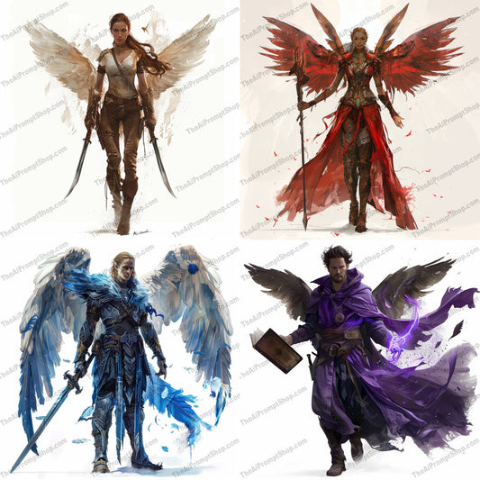 Epic Angel Warriors AI MidJourney Image Prompt, 9549 Character Art, midjourney, angel, warrior, fantasy, armor, wings, divine, epic, majestic, battle, sword, magic, heavenly, heroic, swordswoman, knight, celestial, red, blue, purple, white, Midjourney, Ai, Ai Image Prompt, Image Prompt, Prompt