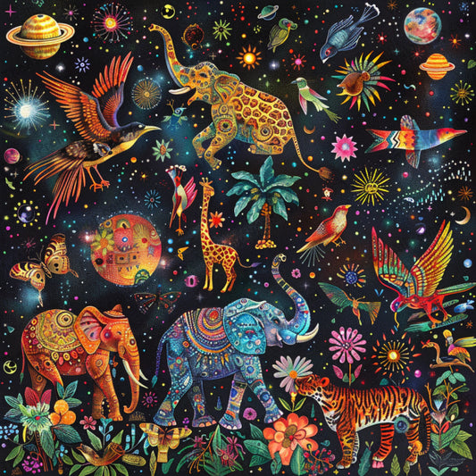 Colorful Cosmic Illustrations AI MidJourney Image Prompt, 9346 Food, midjourney, cosmic, colorful, whimsical, flora, fauna, musical instruments, geometric shapes, starry background, vibrant, fantastical, planets, astronomy, space, animals, fruits, vegetables, birds, elephants, butterflies, patterns, Midjourney, Ai, Ai Image Prompt, Image Prompt, Prompt