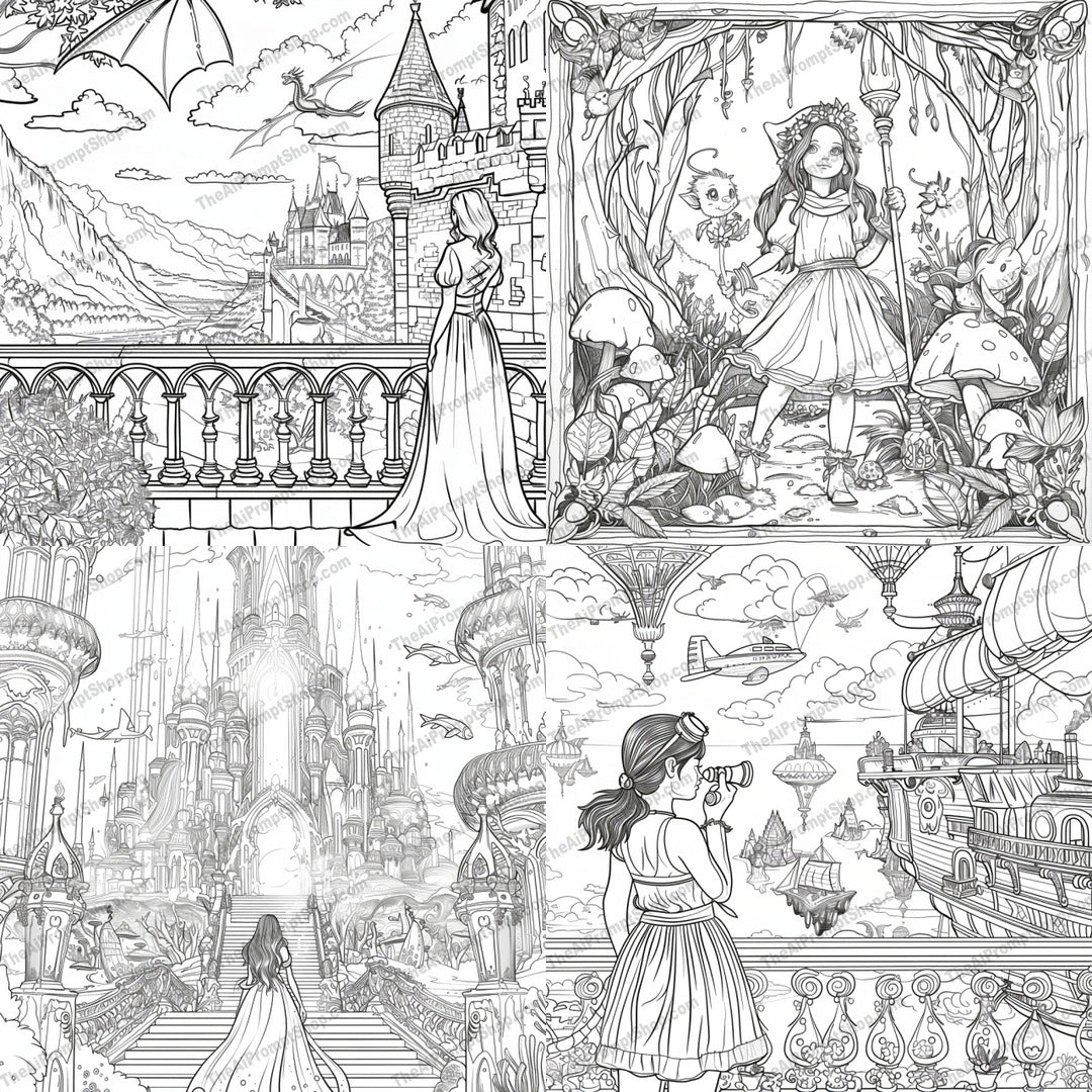 Whimsical Fantasy World Coloring Page AI MidJourney Image Prompt, 8856 Animals, midjourney, whimsical, fantasy, coloring page, black and white, fairy-tale, castle, enchanted, gardens, floating ships, landscapes, art enthusiasts, intricate design, illustration, detailed artwork, magical, imaginative, ink drawing, mythical, storybook, children, Midjourney, Ai, Ai Image Prompt, Image Prompt, Prompt