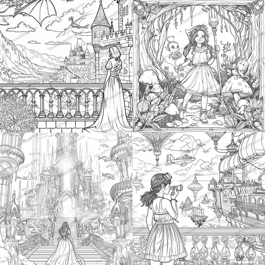 Whimsical Fantasy World Coloring Page AI MidJourney Image Prompt, 8856 Animals, midjourney, whimsical, fantasy, coloring page, black and white, fairy-tale, castle, enchanted, gardens, floating ships, landscapes, art enthusiasts, intricate design, illustration, detailed artwork, magical, imaginative, ink drawing, mythical, storybook, children, Midjourney, Ai, Ai Image Prompt, Image Prompt, Prompt