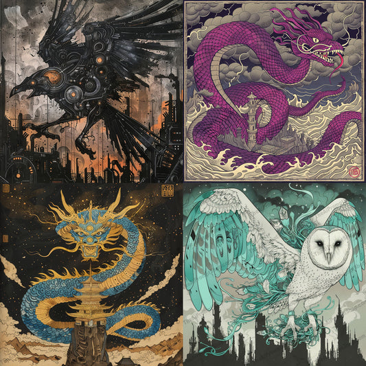 Mythical Animals Artwork AI MidJourney Image Prompt, 8836 Animals, midjourney, mythical, animals, fantasy, artwork, surrealism, dragon, raven, owl, creatures, detailed, illustrations, vivid colors, beautiful, intricate designs, captivating, art, mythology, imaginative, beasts, decorative, Midjourney, Ai, Ai Image Prompt, Image Prompt, Prompt