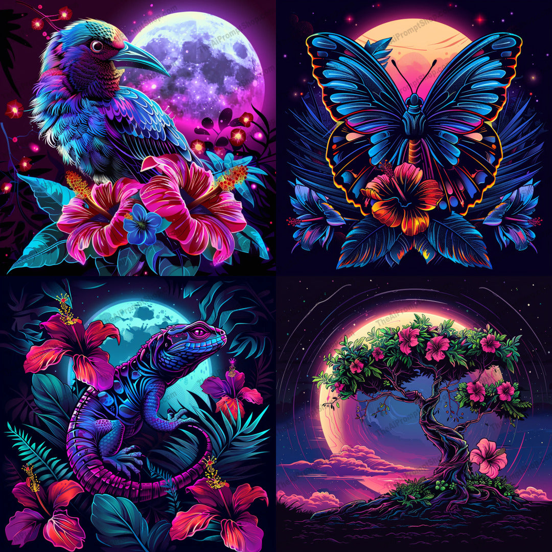 Neon Nature AI MidJourney Image Prompt, 9083 Animals, midjourney, neon, nature, bird, butterfly, lizard, tree, flowers, glow, colorful, vibrant, illustration, art, design, celestial, fantasy, flora, fauna, night, jungle, exotic, Midjourney, Ai, Ai Image Prompt, Image Prompt, Prompt