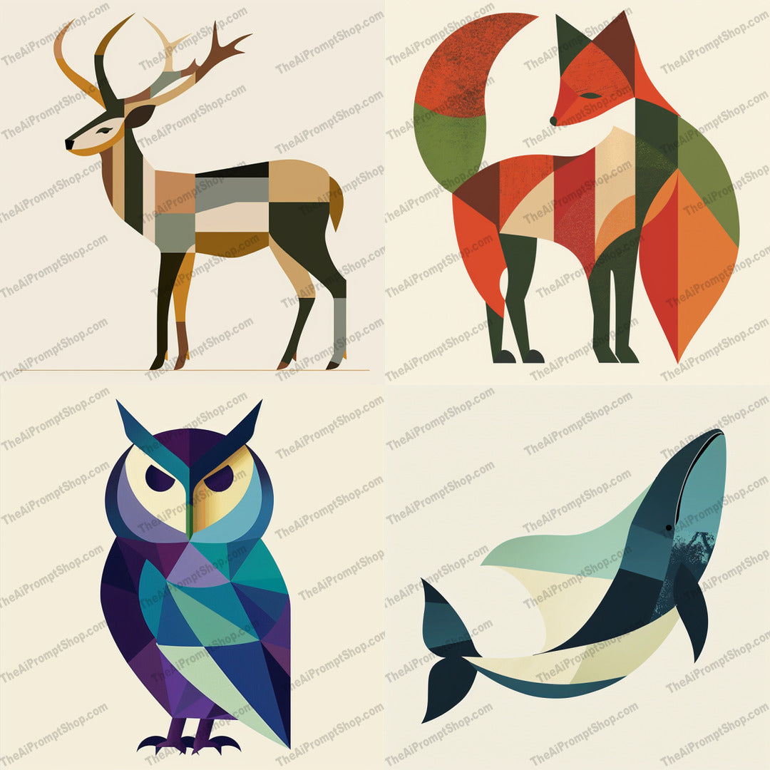 Geometric Wildlife Art AI MidJourney Image Prompt, 9136 Animals, midjourney, geometric, wildlife, deer, fox, owl, whale, modern art, contemporary, nature, pattern, earthy colors, vibrant colors, fauna, stylized animals, animal art, geometric pattern, wild animal illustration, modern wildlife, animal figures, artistic representation, Midjourney, Ai, Ai Image Prompt, Image Prompt, Prompt