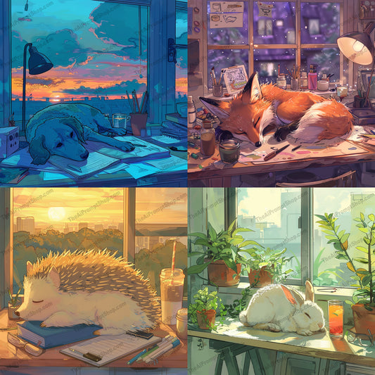 Animals Taking a Nap AI MidJourney Image Prompt, 9467 Anime, midjourney, animals, napping, cozy, serene, indoor, art, peaceful, warmth, dog, fox, hedgehog, rabbit, plants, sunset, artist desk, natural light, calm, sleep, pets, illustration, Midjourney, Ai, Ai Image Prompt, Image Prompt, Prompt