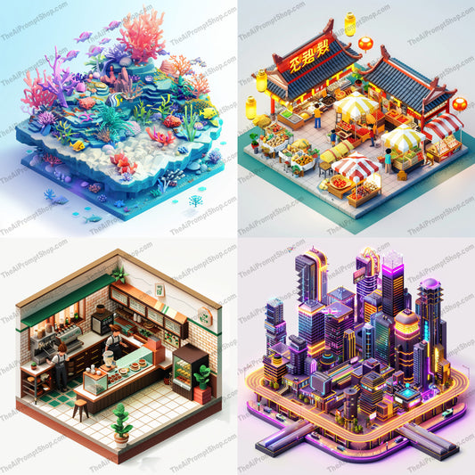 Isometric Scenes Collection AI MidJourney Image Prompt, 9526 Isometrics & Icons, midjourney, isometric, illustration, coral reef, underwater, Asian market, coffee shop, futuristic cityscape, vibrant, detailed, colorful, 3D art, digital art, visual art, creative, scene, miniature world, detailed design, artistic, modern art, isometric art, Midjourney, Ai, Ai Image Prompt, Image Prompt, Prompt