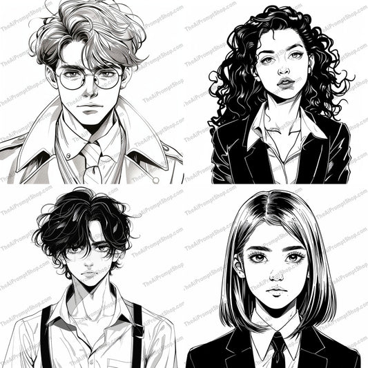 Character Art Portraits AI MidJourney Image Prompt, 8815 Anime, midjourney, character, portrait, black and white, detailed, stylish, fashion, unique, hairstyle, clothing, personality, ink drawing, monochrome, graphic, artwork, illustration, classic, expressive, artistic, fashionable, trendy, Midjourney, Ai, Ai Image Prompt, Image Prompt, Prompt