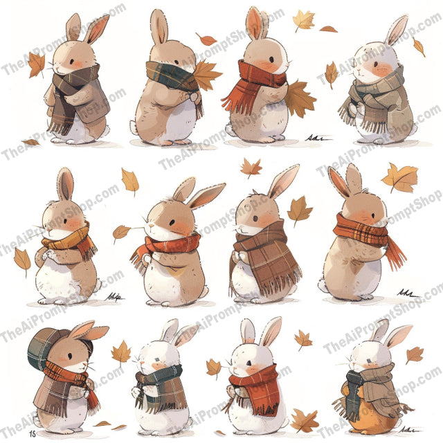 Cute Woodland Animals in Scarves AI MidJourney Image Prompt, 9240 Animals, midjourney, woodland, animals, deer, fox, rabbit, squirrel, scarf, autumn, leaves, cute, adorable, whimsical, seasonal, storybook, illustration, fall, nature, forest, cozy, warm, friendly, character, Midjourney, Ai, Ai Image Prompt, Image Prompt, Prompt