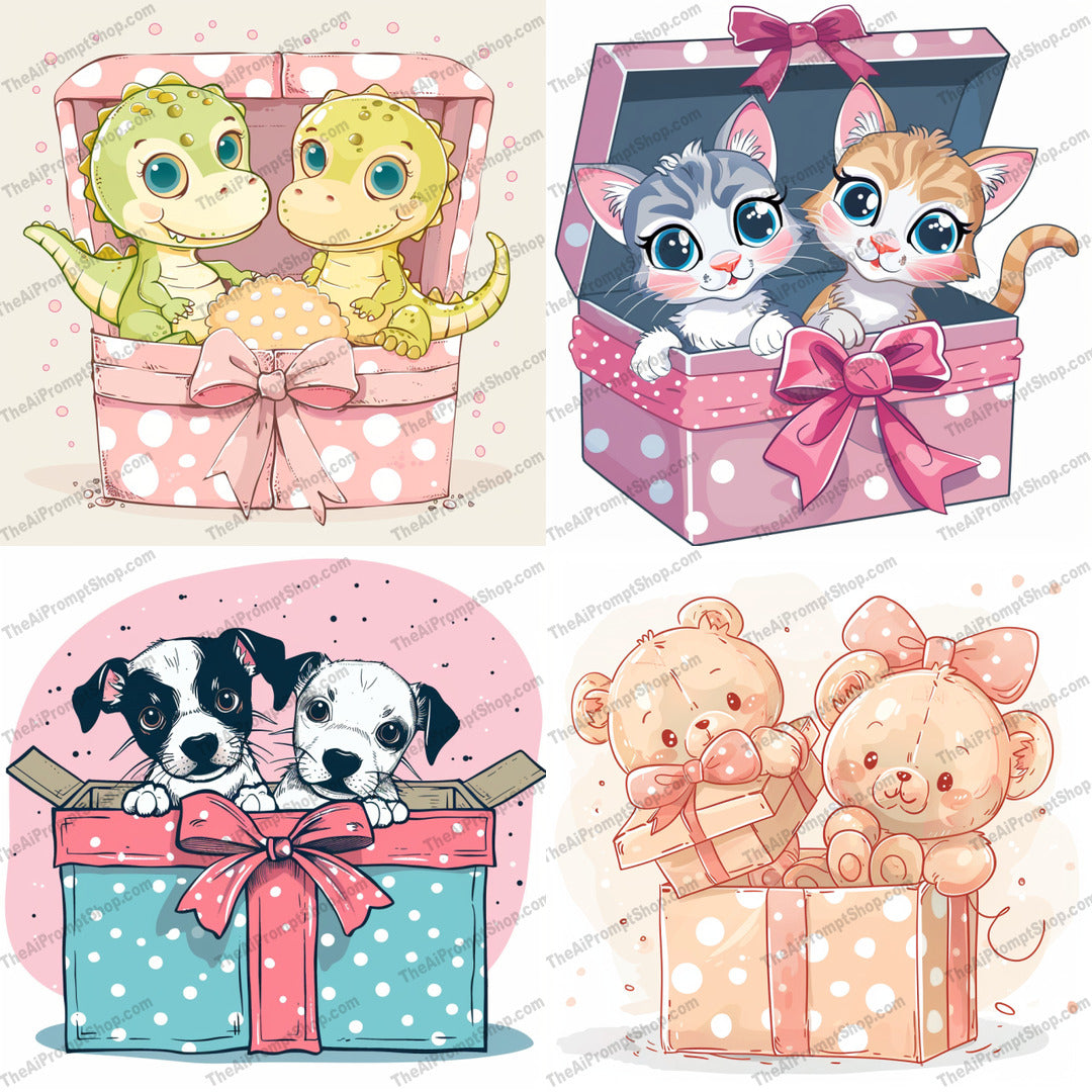 Adorable Baby Animals in Gift Boxes AI MidJourney Image Prompt, 9118 Animals, midjourney, baby animals, cute animals, gift boxes, dinosaurs, kittens, puppies, teddy bears, whimsical style, heartwarming, adorable, polka dots, pastel colors, illustration, cartoon art, animal illustration, sweet, playful, delightful, children's art, charming, Midjourney, Ai, Ai Image Prompt, Image Prompt, Prompt