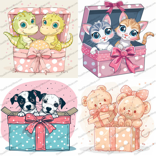 Adorable Baby Animals in Gift Boxes AI MidJourney Image Prompt, 9118 Animals, midjourney, baby animals, cute animals, gift boxes, dinosaurs, kittens, puppies, teddy bears, whimsical style, heartwarming, adorable, polka dots, pastel colors, illustration, cartoon art, animal illustration, sweet, playful, delightful, children's art, charming, Midjourney, Ai, Ai Image Prompt, Image Prompt, Prompt