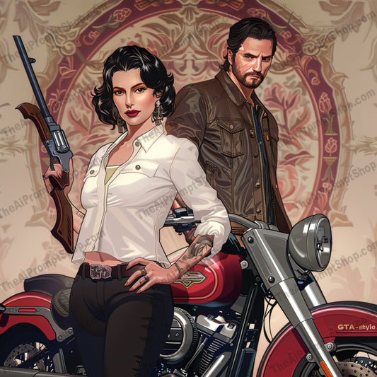 Character Art with Vehicles and Weapons AI MidJourney Image Prompt, 9516 Character Art, midjourney, Character Art, Vehicles, Weapons, Stylized Art, Bold Colors, Dramatic, Intense, Dynamic Poses, Vibrant, Intricate Details, Cinematic, Strong Personalities, Motorcycle, Guns, Swords, Fashionable Clothing, Action, Modern, Urban, Individuals, Midjourney, Ai, Ai Image Prompt, Image Prompt, Prompt