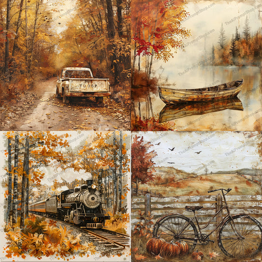 Rustic Autumn Scenes AI MidJourney Image Prompt, 8757 Landscapes & Paintings, midjourney, rustic, autumn, fall, vintage car, rowboat, lake, train, forest, bicycle, pumpkins, scenic, painting, warm tones, serene, picturesque, nature, landscape, retro, seasonal, classic, Midjourney, Ai, Ai Image Prompt, Image Prompt, Prompt