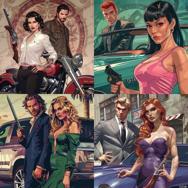 Character art with vehicles and weapons in a vintage style created from an AI image prompt.