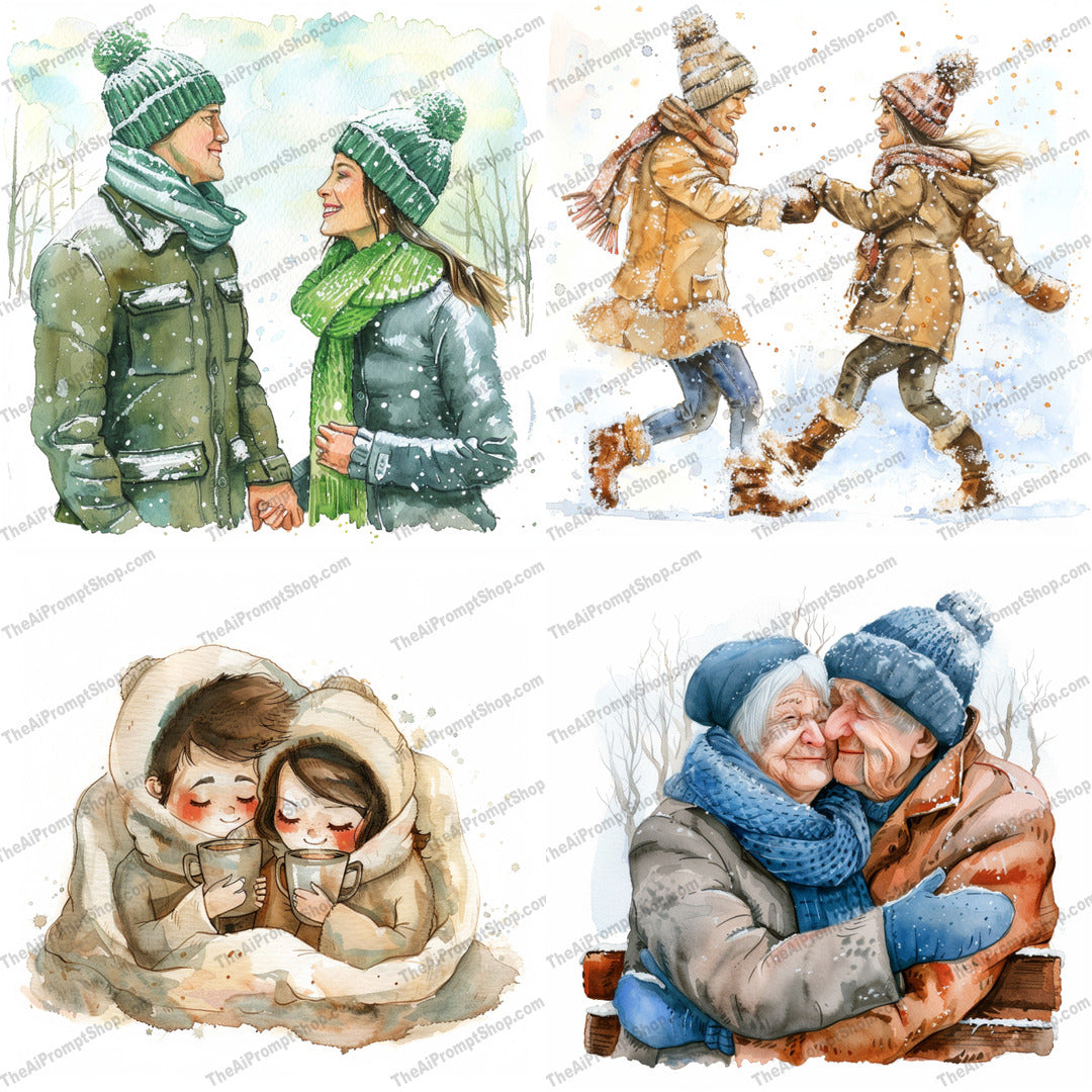 Cozy Winter Couples AI MidJourney Image Prompt, 9181 Portraits & People, midjourney, winter, cozy, couples, love, snow, warm clothes, scarves, hats, gloves, outdoor, snowflakes, illustration, romantic, holidays, togetherness, seasonal, cold weather, nature, snowy day, hand in hand, Midjourney, Ai, Ai Image Prompt, Image Prompt, Prompt