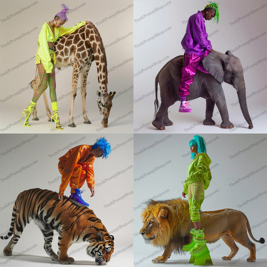 Fashion with Exotic Animals AI MidJourney Image Prompt, 9404 Fashion & Accessories, midjourney, fashion, exotic animals, vibrant colors, avant-garde, wildlife, giraffe, elephant, tiger, lion, neon outfits, high fashion, bold style, unique fashion, fashion photography, animal photography, edgy fashion, style, modeling, fashion poses, wildlife imagery, Midjourney, Ai, Ai Image Prompt, Image Prompt, Prompt