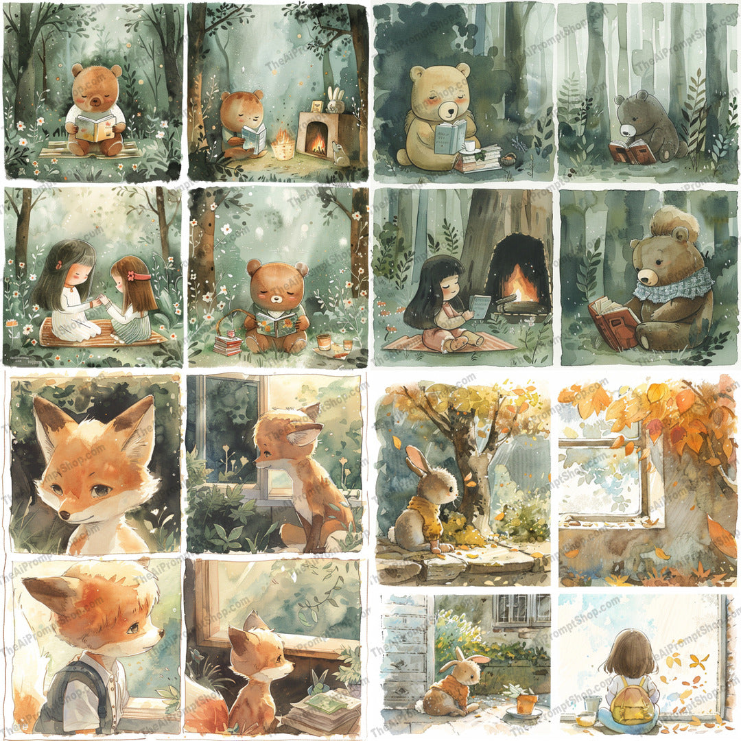 Enchanting Forest Reading Scenes AI MidJourney Image Prompt, 8663Ai, Ai Image Prompt, animals, bear, books, bunny, children, cute, enchanted, forest, fox, illustration, Image Prompt, Landscapes & Paintings, midjourney, nature, outdoors, peaceful, Prompt, reading, relaxing, serene, storytime, tranquil, whimsical, woodland