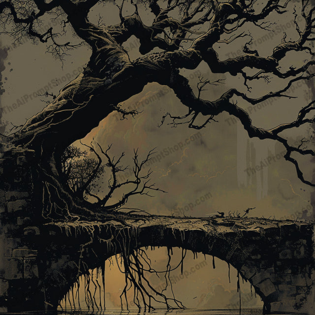 Eerie Haunted Trees AI MidJourney Image Prompt, 9156 Scary & Horror, midjourney, haunted tree, eerie, dark fantasy, gnarled tree, abandoned structures, mystery, haunting, fantasy art, atmospheric, dark art, spooky tree, twisted branches, ghostly, ruins, overgrown, nightmare, chilling, ominous, tons of roots, creepy landscape, Midjourney, Ai, Ai Image Prompt, Image Prompt, Prompt