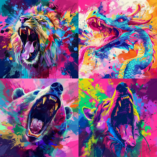 Vibrant Roaring Animals AI MidJourney Image Prompt, 9125 Animals, midjourney, animal, roar, vibrant, colorful, paint, abstract, modern, dynamic, energy, lion, bear, dragon, color splashes, bold, artistic, expression, wildlife, creativity, visual impact, contemporary, Midjourney, Ai, Ai Image Prompt, Image Prompt, Prompt