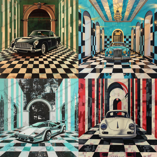 Classic Cars in Opulent Halls AI MidJourney Image Prompt, 9300 Mockups - Products, midjourney, classic cars, luxury cars, opulent halls, checkered floor, architectural design, vintage cars, classic automotive, vibrant colors, luxury design, architectural beauty, classic car art, visual fusion, car in hall, vintage luxury, classic design, opulent setting, car enthusiasts, automotive art, posh interiors, stylized imagery, Midjourney, Ai, Ai Image Prompt, Image Prompt, Prompt