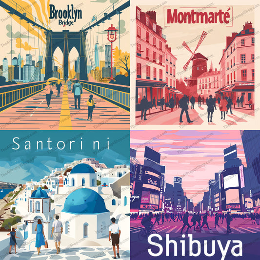 Cityscape Illustrations AI MidJourney Image Prompt, 8835 Game Assets, midjourney, Cityscape, Illustration, Brooklyn Bridge, Montmartre, Santorini, Shibuya, Travel Art, Urban, Landmark, Tourist Attraction, Colorful, Modern Art, Graphic Design, Architecture, Street View, City Life, Cultural, Global Cities, Artistic, Scenic, Poster, Wall Art, Visual Storytelling, Midjourney, Ai, Ai Image Prompt, Image Prompt, Prompt