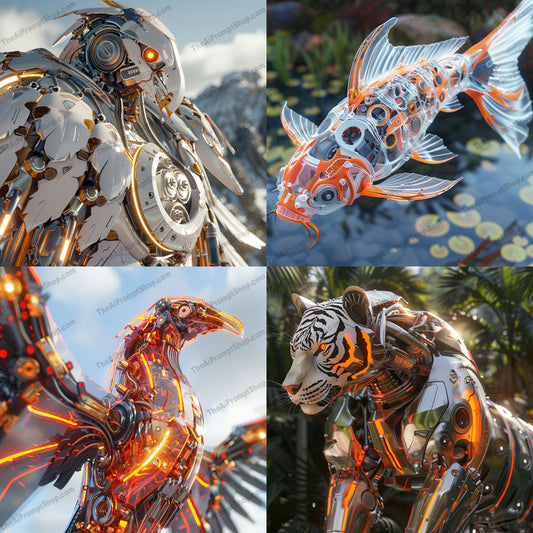 Futuristic Robotic Animals AI MidJourney Image Prompt, 8739 Animals, midjourney, robotic, futuristic, animal, mechanical, technology, nature, digital, cybernetic, creature, detailed, sleek, design, innovative, visionary, imaginative, powerful, graceful, modern, high-tech, artificial, Midjourney, Ai, Ai Image Prompt, Image Prompt, Prompt