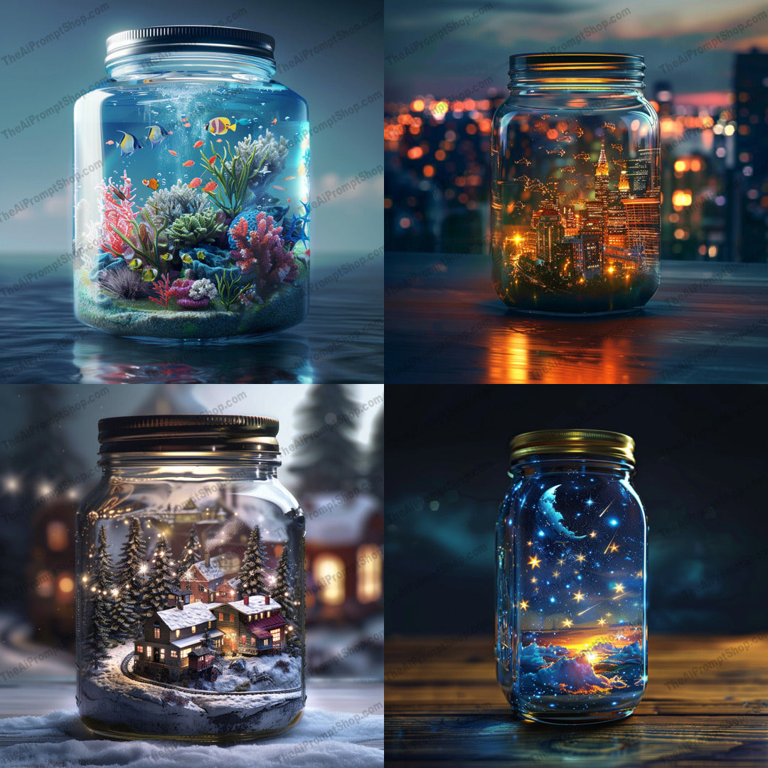 Whimsical Jar Worlds AI MidJourney Image Prompt, 9046 Landscapes & Paintings, midjourney, whimsical, jar, world, nature, cityscape, fantasy, magical, intricate, imagination, ambiance, miniature, dreamlike, creative, artistic, decorative, unique, enchanting, scenic, captivating, mystical, Midjourney, Ai, Ai Image Prompt, Image Prompt, Prompt