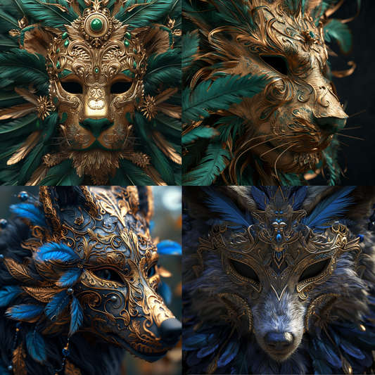 Regal Masquerade in Feathers and Gold AI MidJourney Image Prompt, Character Art, 4180