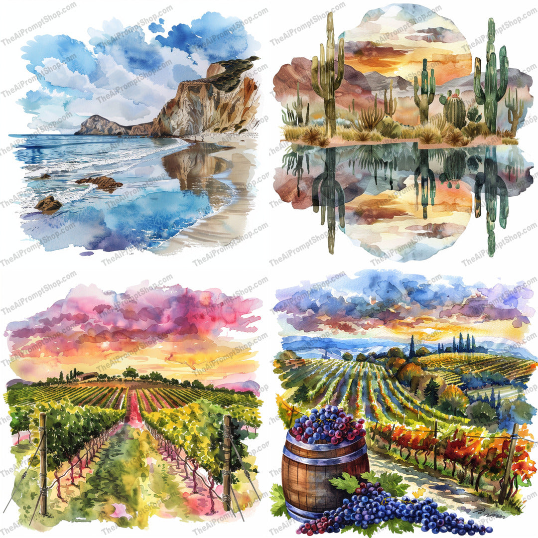Beautiful Landscapes AI MidJourney Image Prompt, 9272 Landscapes & Paintings, midjourney, watercolor, landscape, beach, desert, vineyard, nature, scenery, painting, art, colorful, scenic, outdoor, beautiful, tranquil, serene, majestic, watercolor painting, nature art, landscape art, detailed, Midjourney, Ai, Ai Image Prompt, Image Prompt, Prompt